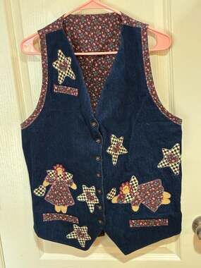 Vintage Denim Vest with Folk Art Angel and Star Applique